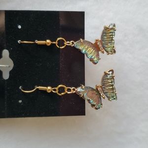 Womens gold iridescent stone butterfly hook earrings